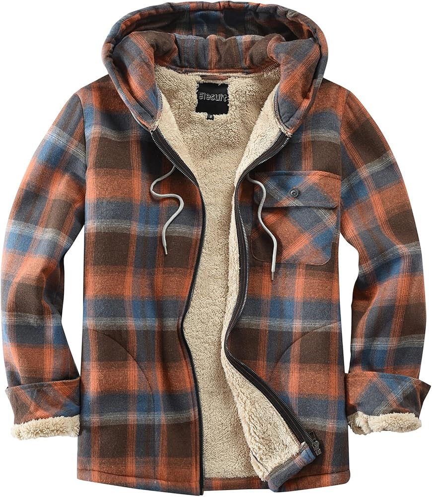 Elesuit Men's Full Zip Fleece Flannel Jackets Shirt Plaid Cotton Hoodies Soft Warm Coat for Men with Hood
