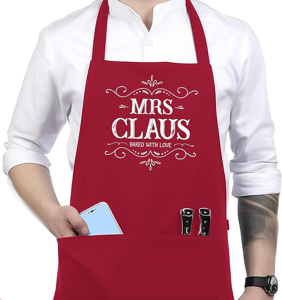 Mrs Claus Apron, Christmas Aprons for Women with Pockets, Gifts for Bakers, Baking Apron, Christmas Bakery Decor, Christmas Kitchen Decor, Waterproof Adjustable Bib Apron for Cooking Kitchen
