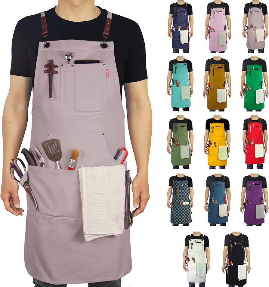 1|5|10Pack Kitchen Aprons, Work Apron, Canvas, Multiple Pockets, Gardening, Painting, BBQ, Carpenter, Sizes M to XXL (1, Grey)