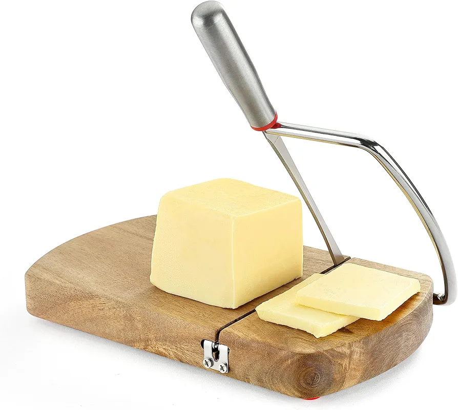 Cheese Slicer Cutter, Wooden Cheese Cutter Board with Stainless Steel Blade for Block Cheese, Vegetables, Butter, Sausages, Bread