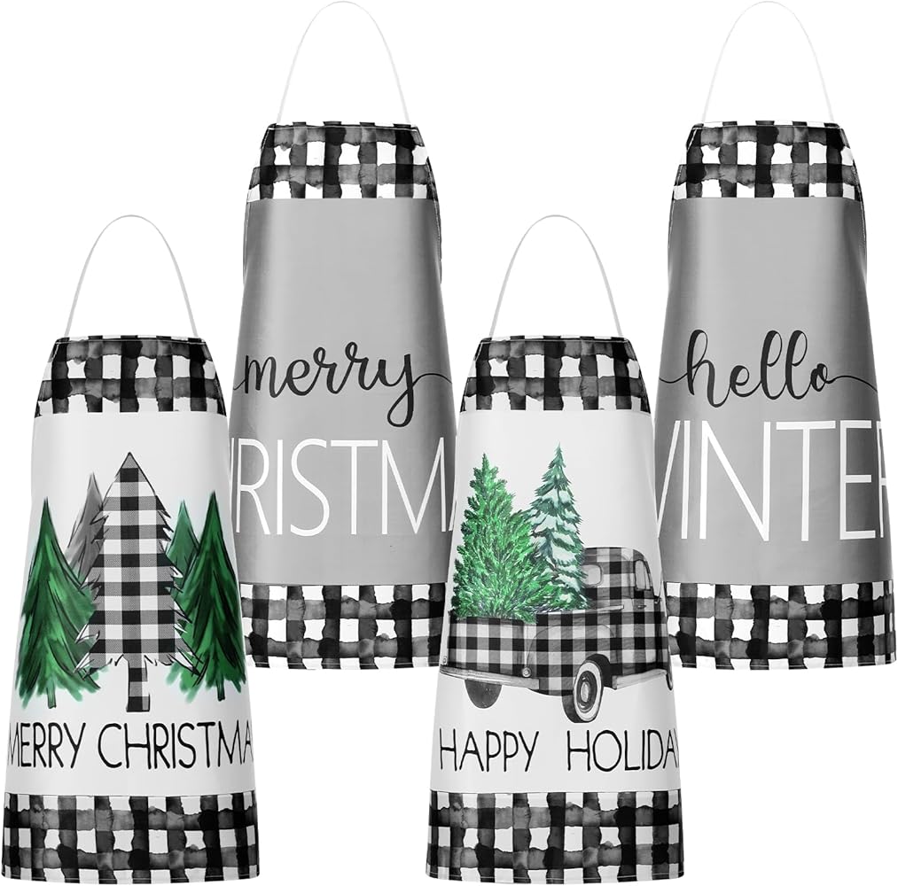 4 Pcs Winter Christmas Aprons for Women Men Holiday Kitchen Cooking Apron Black White Buffalo Plaid Xmas Apron