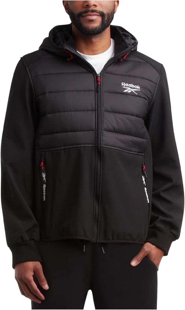 Reebok Men's Softshell Jacket - Lightweight Hooded Weather Resistant Jacket for Men with Nylon Quilted Chest (S-XXL)
