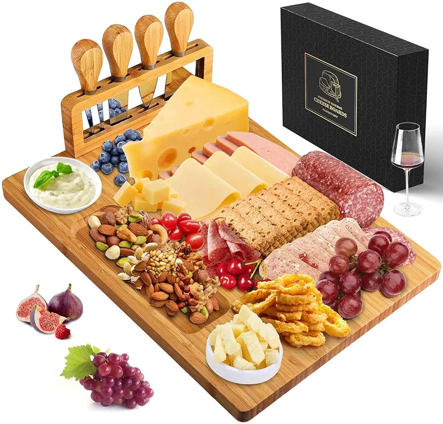 Bamboo Cheese Board Set - Charcuterie Boards and Serving Meat Platter, Cheese Tray with 4 Stainless Steel Cheese Knives Cutting Board Platter, Ideal for Halloween, Wedding, Christmas Gifts