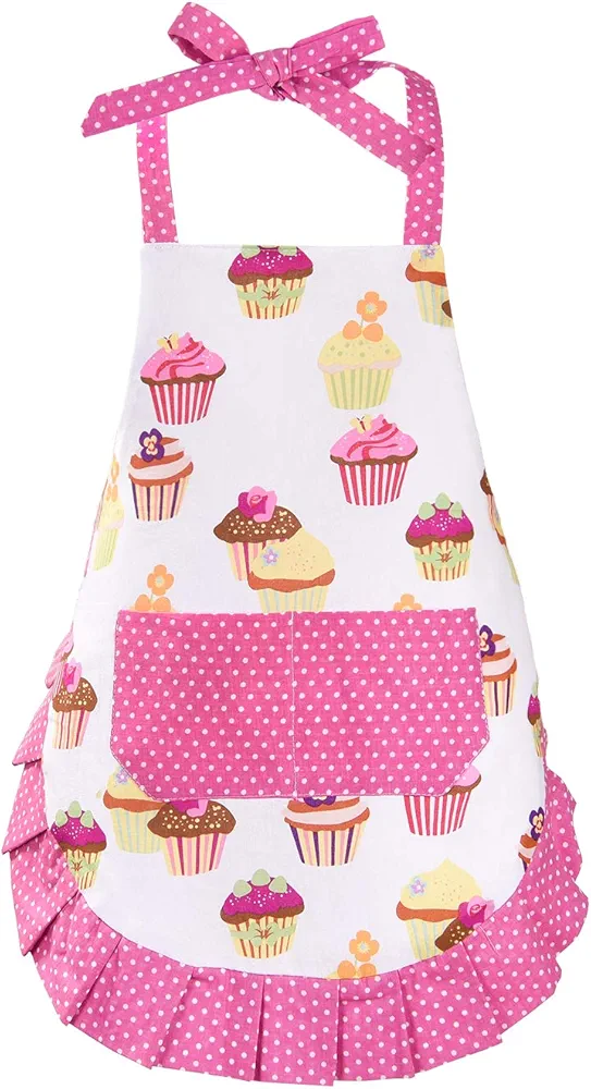 Claswcalor 100% Cotton Kids Girls Aprons for Cooking Cute Toddler Cupcake Baking Apron Adjustable Kitchen Pink Apron for Children Daughters Little Girls Granddaughter Gifts from Grandma