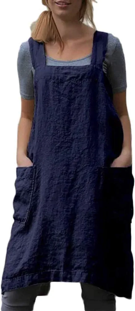 VLZUFE Cotton Linen Apron for women Cross Back Apron Pinafore Dress for Baking Cooking Gardening Work