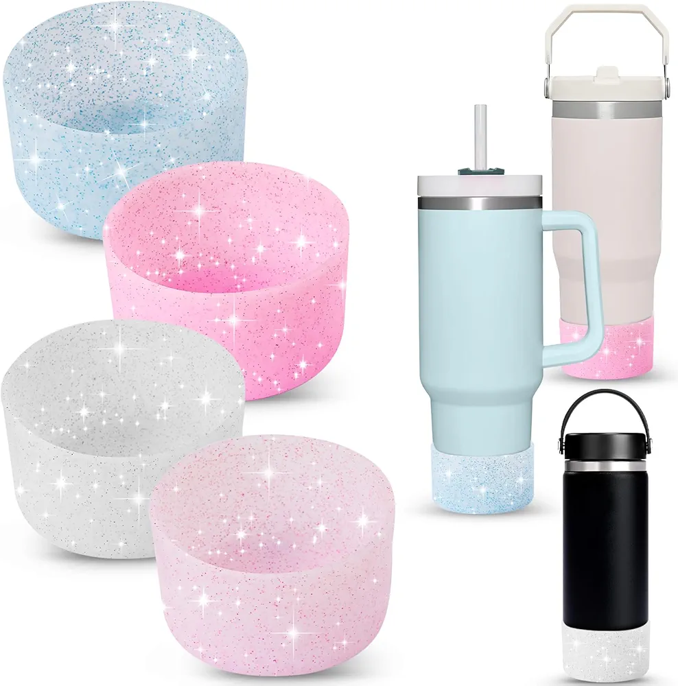 4-Pack Protective Glitter Silicone Boot for Stanley Quencher 20-40 oz and Hydroflask 12-24 oz,Compatible with All Water Bottles with Bottom Width of 2.85-3.56in