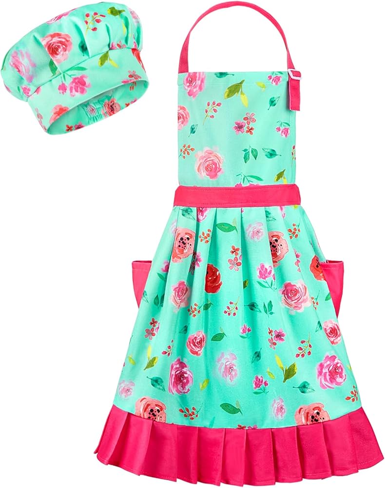 MHJY Kids Apron Hat Set for Girls Vintage Pleated Skirt Aprons with Adjustable Strap Pockets for Baking Cooking 8-12 Years