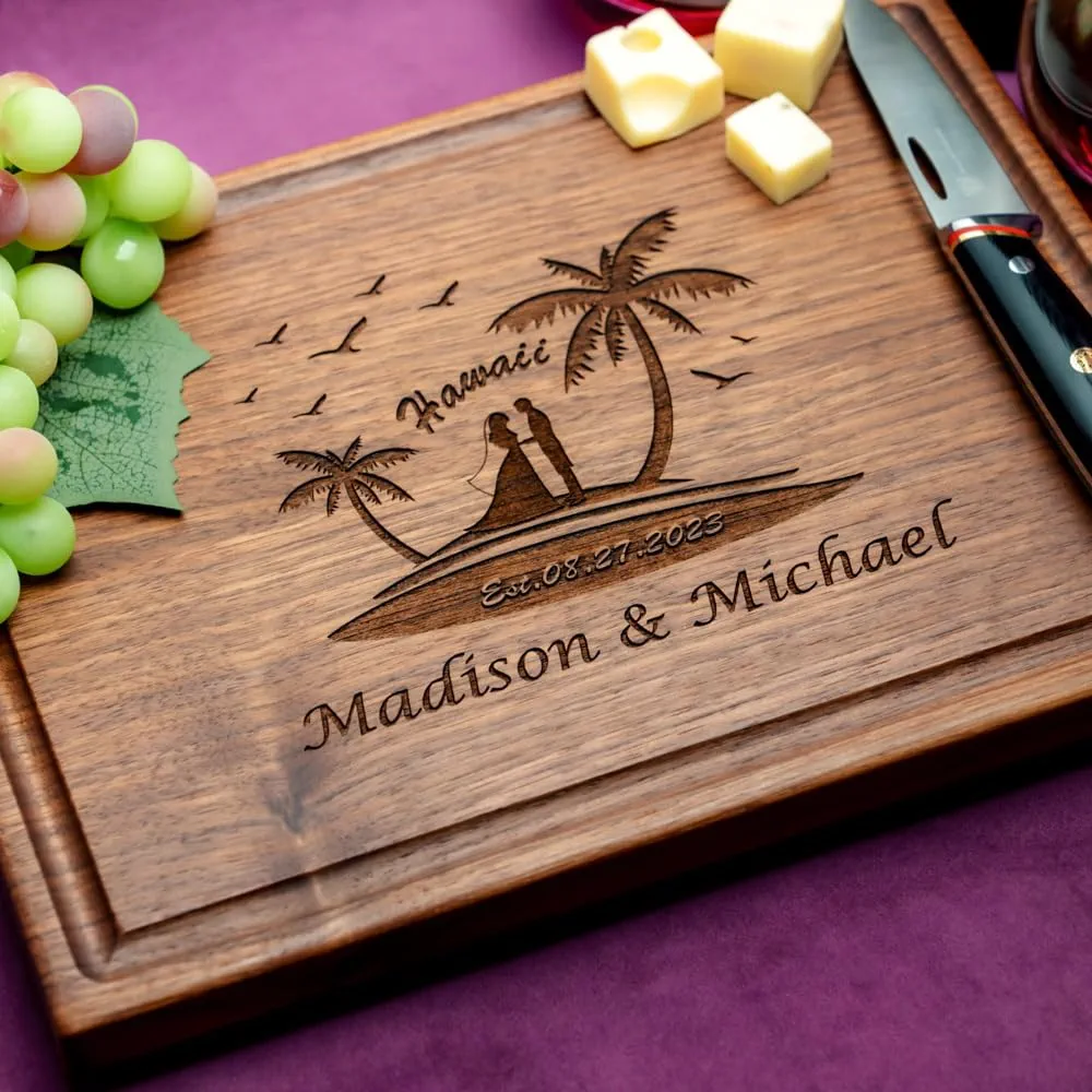 Straga Personalized Cutting Boards | Handmade Wood Engraved Charcuterie | Custom Destination Wedding, Anniversary, Eloping Gift for Couples, Beach Marriage (Tropical Wedding Design No.808)