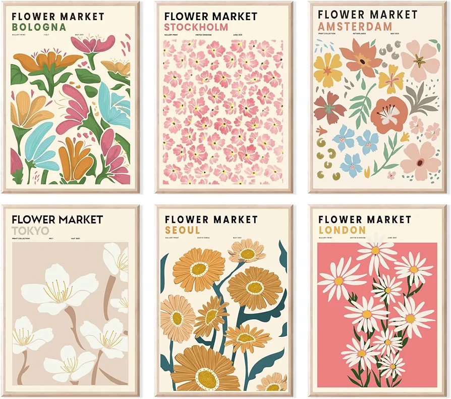 Flower Market Posters, Minimalist Flower Market Wall Art Prints, Danish Pastel Room Decor Aesthetic, Vintage Matisse Posters & Flower Pictures Wall Decor, Abstract Canvas Floral Painting for Bedroom,
