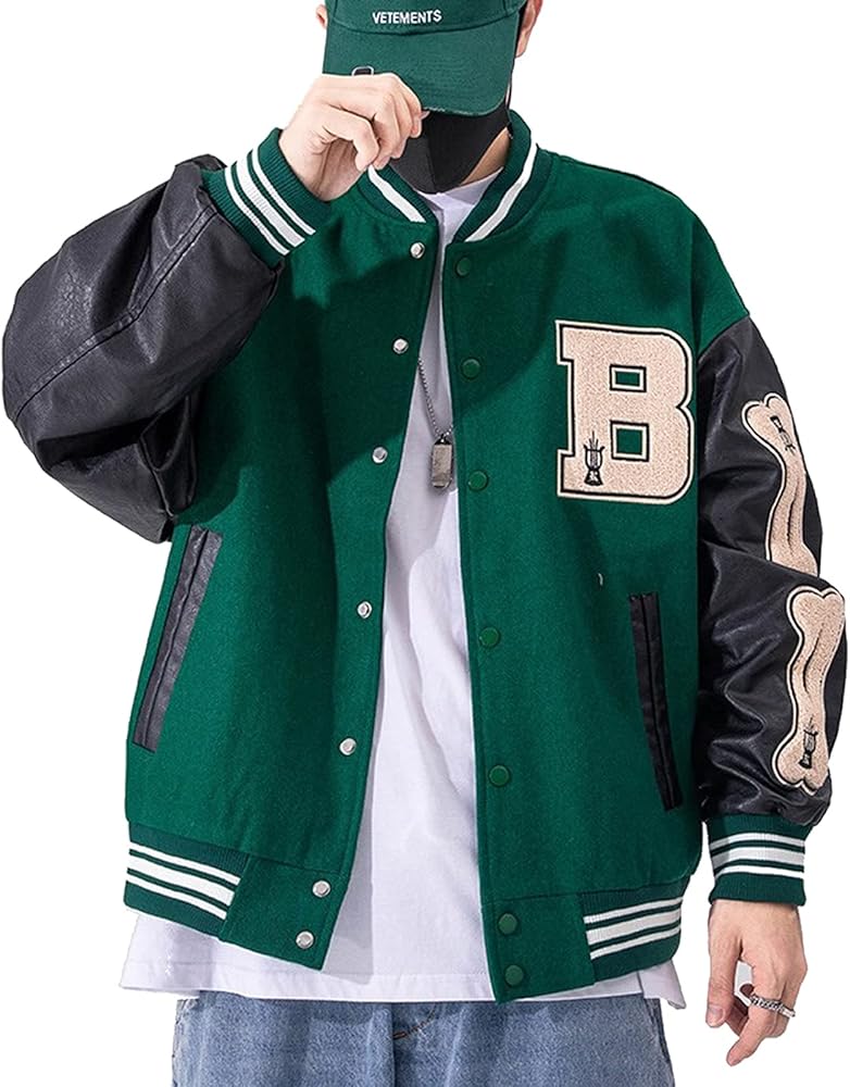 Mens Varsity College Jacket Baseball Bomber Jacket Vintage Sweatshirt Casual Unisex Streetwear Coats with Patch