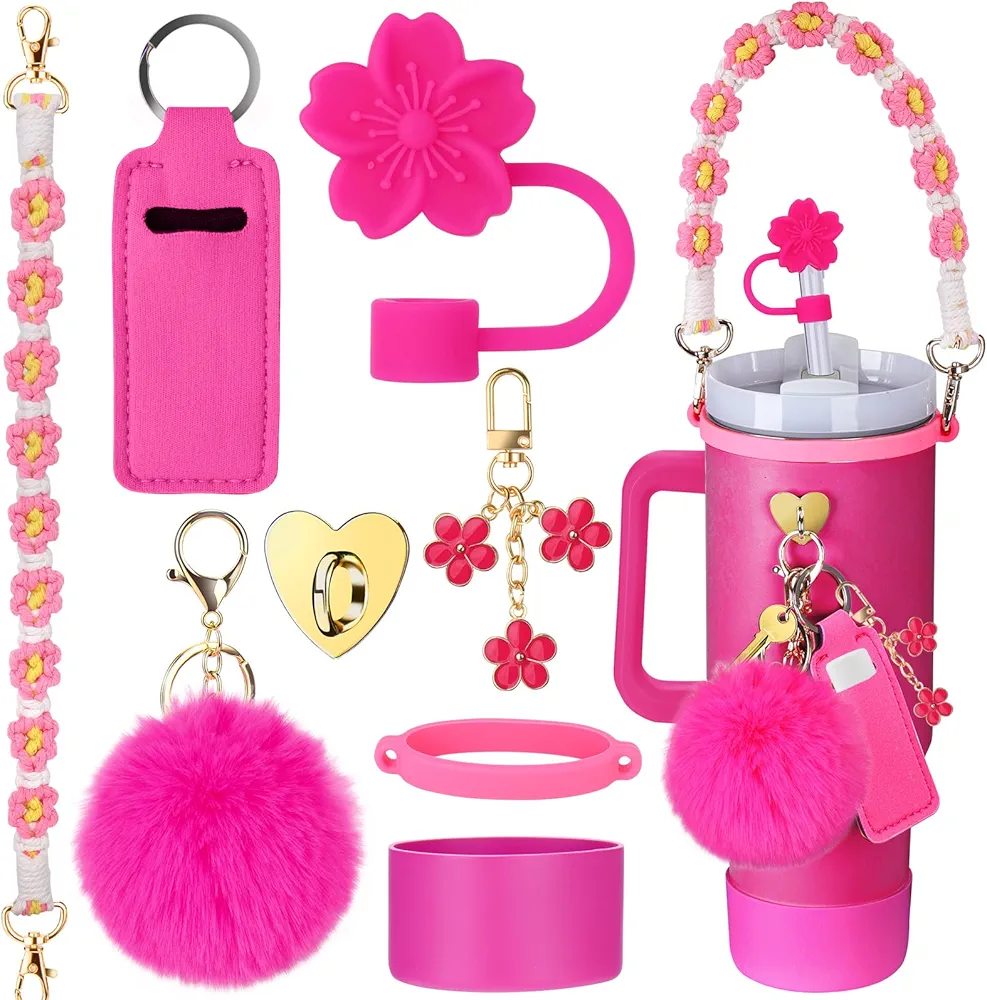 Mity rain Cup Accessories for Stanley Cup 30oz 40oz Tumbler with Handle, Including Water Bottle Handle Strap, Chapstick Holder, Boot, Keychain Charms, Straw Topper Cover Cap for Stanley (Rose)