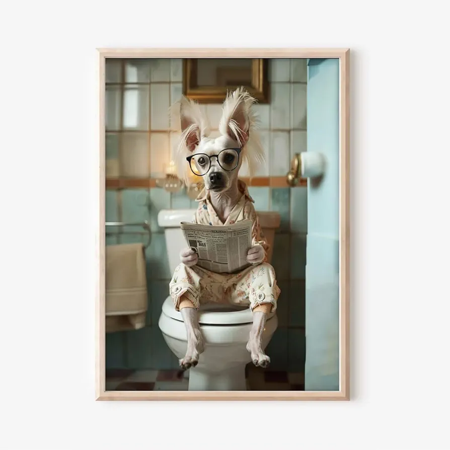 Chinese Crested Dog Sitting on Toilet Reading Newspaper Poster Canvas, Chinese Crested Dog Poster Canvas, Dog Poster Canvas, Funny Dog Picture Animal Bath Bathroom Wall Art Print