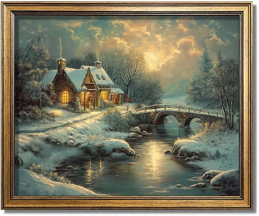 Gold Framed Christmas Wall Art, Vintage Winter Moonlight Picture Canvas Print Wall Decor (christmas moonlight, 8''x10'', Framed)
