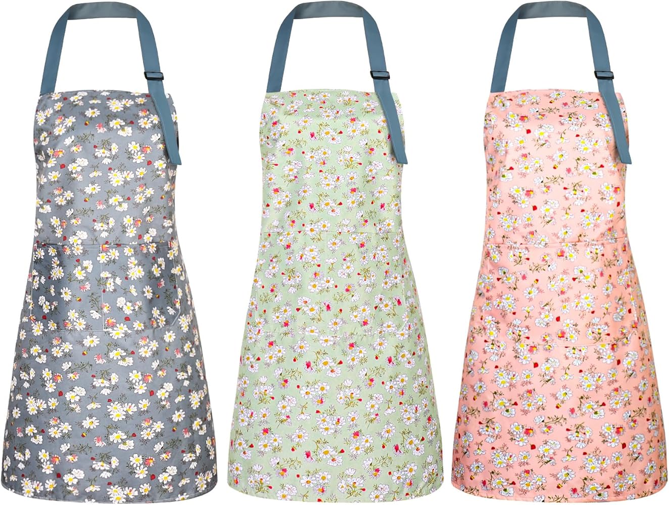 Auidy_6TXD 3 Pcs Daisy Floral Aprons with pockets, Waterproof Apron for women, Kitchen Cooking Apron Adjustable Bib aprons Soft Chef Apron for Cooking, Drawing, Crafting, Baking Household Cleaning