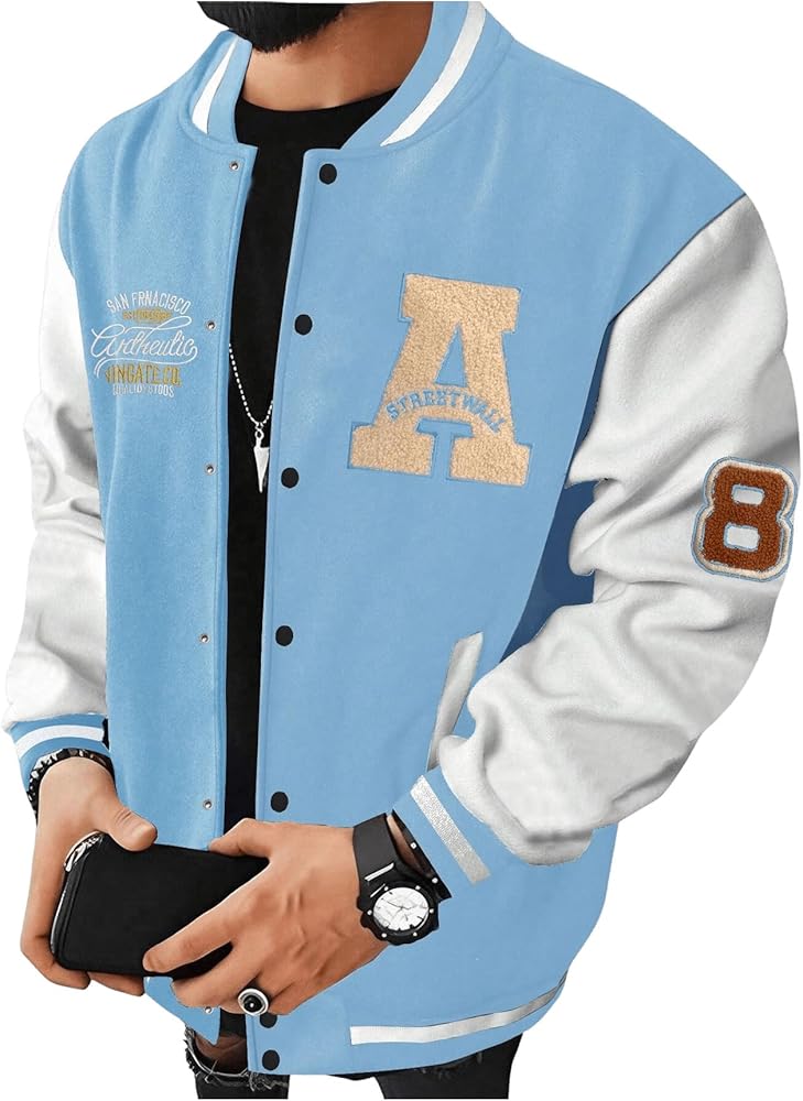 SOLY HUX Men's Color Block Letter Print Baseball Jacket Long Sleeve Casual Varsity Jacket