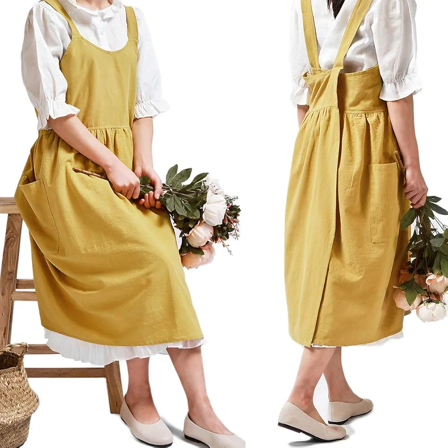 Cotton Linen Cross Back Apron for Women with Pockets for Cooking Cleaning Yellow without Waist Ties