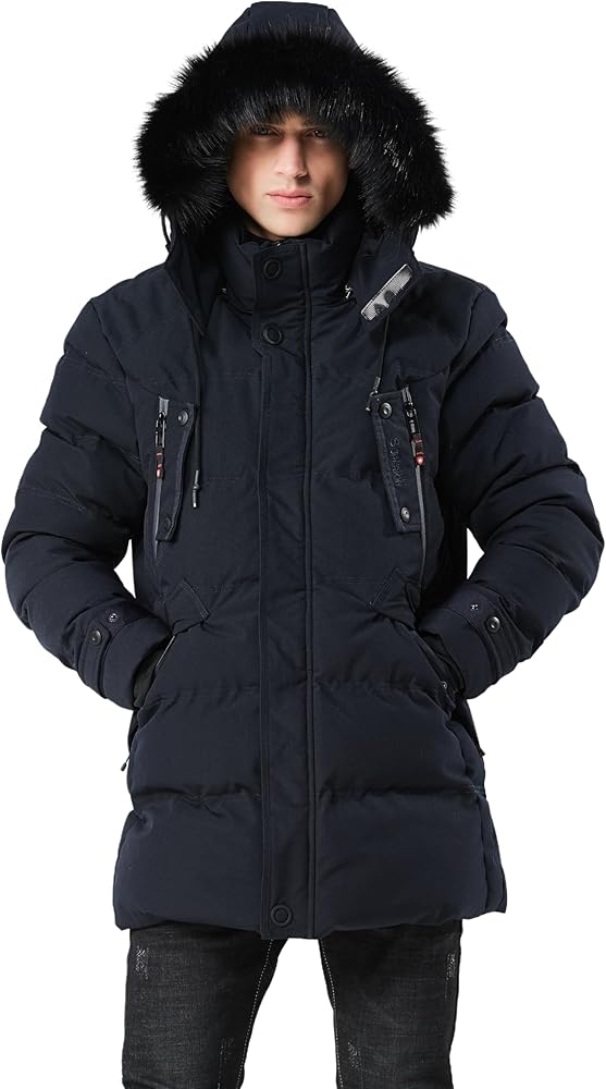 WEEN CHARM Men's Warm Parka Ski Jacket Water Resistant Puffer Jacket Long Winter Coat with Detachable Hood Faux-Fur Trim