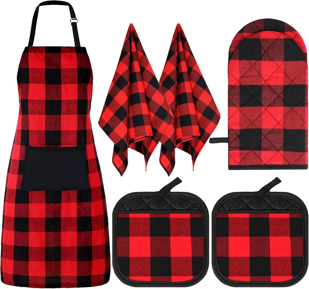 SATINIOR 6 Pieces Buffalo Plaid Apron Christmas Apron Cooking Apron Buffalo Plaid Dish Towels Pot Holders Buffalo Plaid Oven Mitts Baking Aprons for Christmas Cooking Baking Crafting