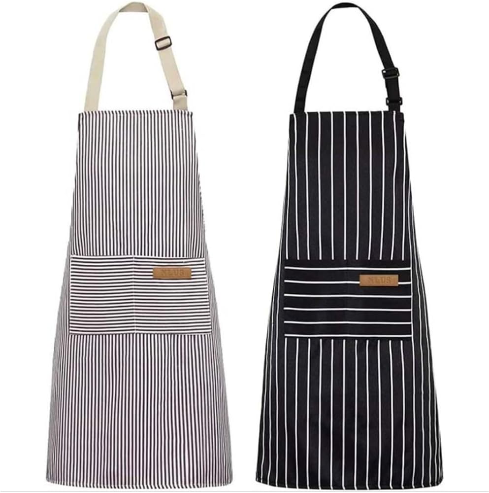 Cotton Cooking Aprons Set of 2, Adjustable Bib Aprons with 2 Pockets for Men and Women Chefs, Stylish Black/White Stripes Design