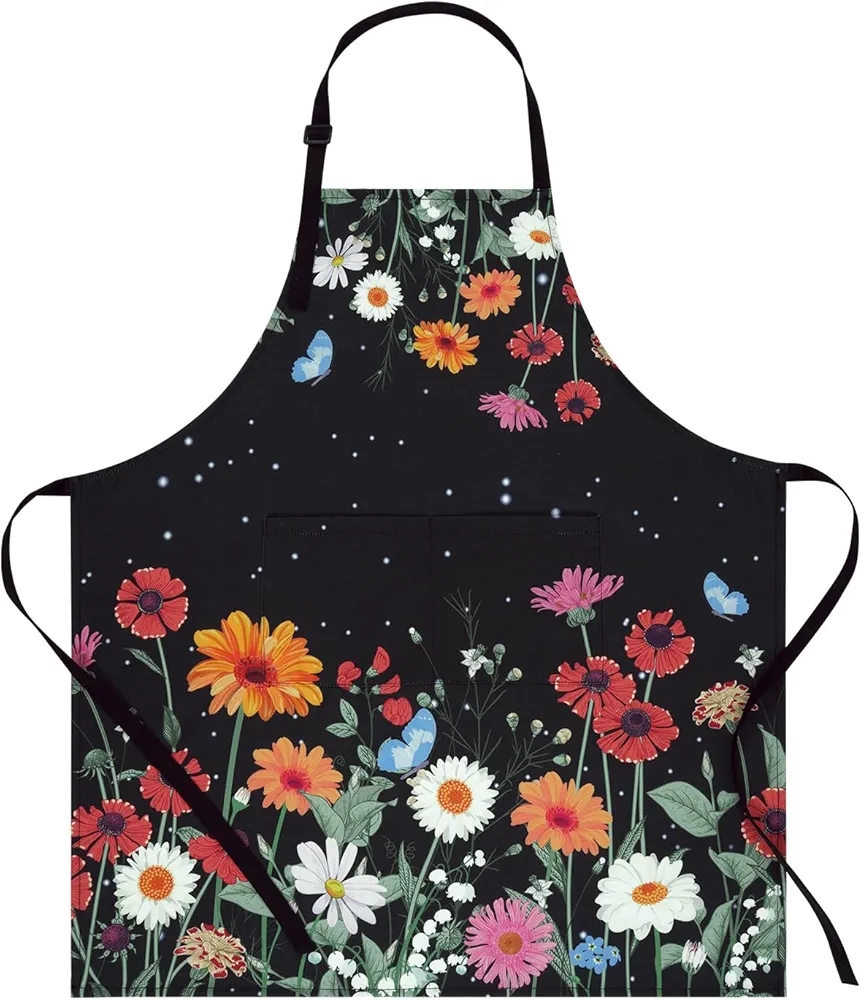 ASPMIZ Floral Apron for Adults, Waterproof Women Apron with 2 Pockets, Flower Cooking Aprons with Adjustable Neck Strap, Kitchen Apron for Washing Dishes, Gifts BBQ Grill 27.5 x 31.5 Inches, Black