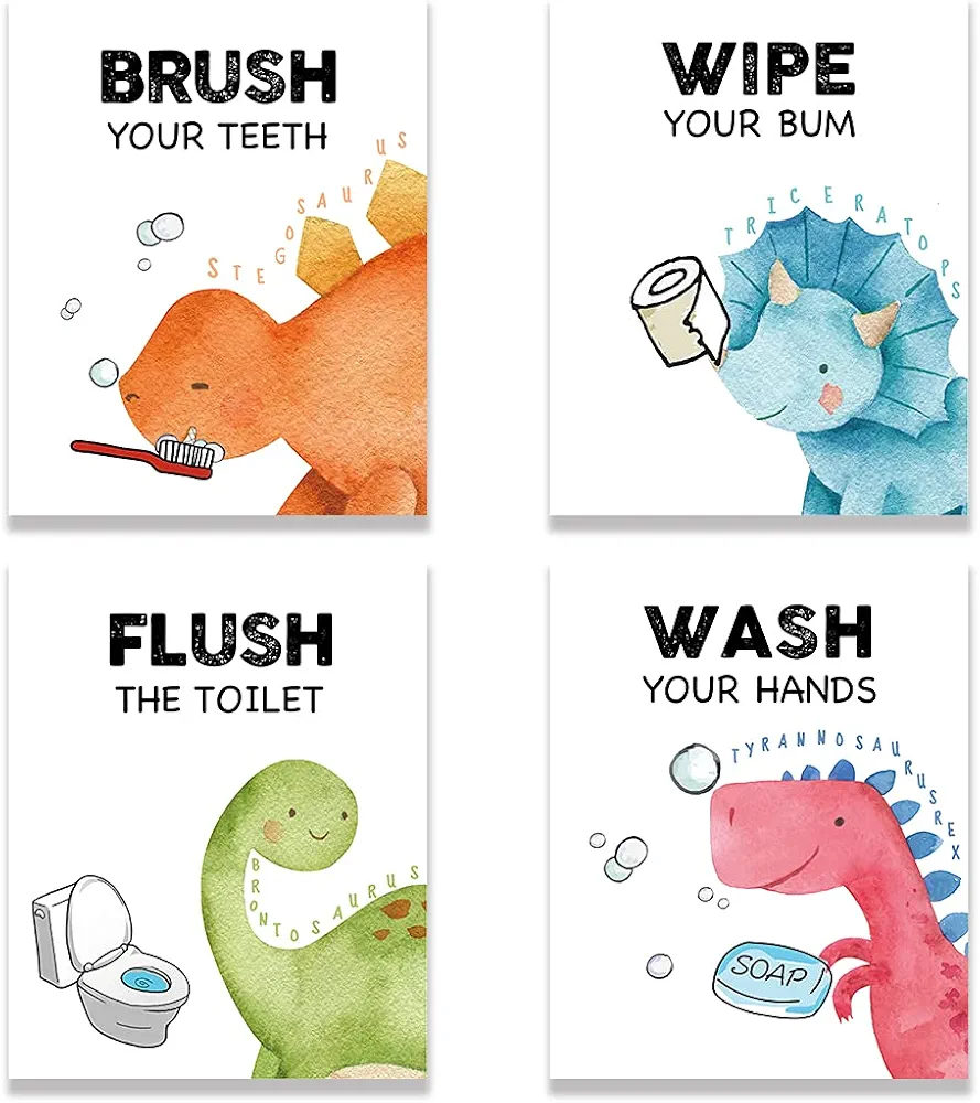 FALJIOK Funny Dinosaur Bathroom Decor, Fun Gag Brush Flush Wipe Wash Wall Art Prints Decorations for Kids Nursery Bathroom, Dinosaur Posters for Baby Boy Girl Son Daughter Set of 4(8" x 10") Unframed