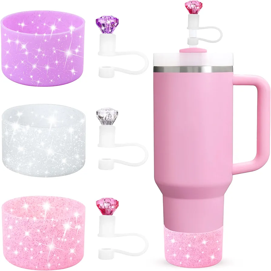 Cup Accessories Set for Stanley Cup, Including 3 Pcs Glitter Silicone Boot, 3 Pcs Diamond Straw Cover for Stanley Cup Accessories, Compatible with Stanley 30&40 Oz Tumblers, Pink White Purple