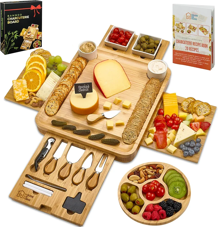 Large Charcuterie Board Set - Bonus Recipe Book - 2 Ceramic Bowls & Plates, 4 Magnetic Drawers Bamboo Cheese Knife Set, Round Tray - Christmas & Housewarming Gifts