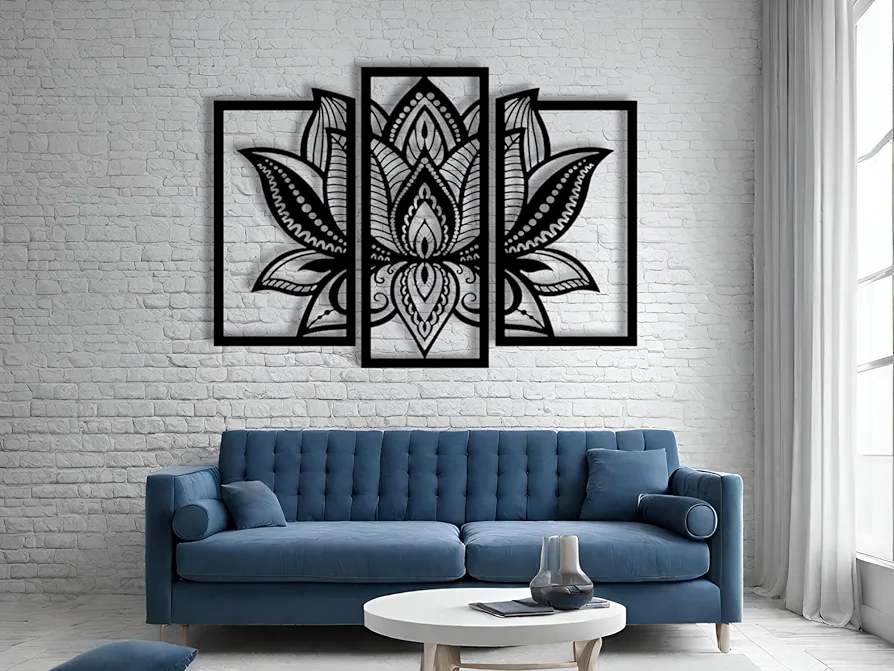 VAILLA Lotus Flower Wood Wall Art Zen Art Decor Wall Hanging Sculpture Modern Mandala Wall Home Decoration 3 Panels Nature Wall Hangings Large Wooden Wall Arr 3D Textured Sculptures for Living Room Bedroom Office Dinnig Room