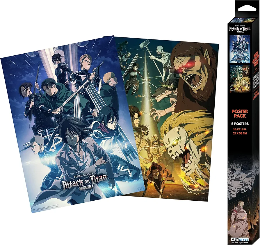 ABYstyle Attack on Titan Unframed Boxed Poster Set Featuring the Scouts, Beast Titan & Jaw Titan 15" x 20.5" Includes 2 Mini Posters Anime Manga Wall Art Prints for Bedroom Office Room Decor