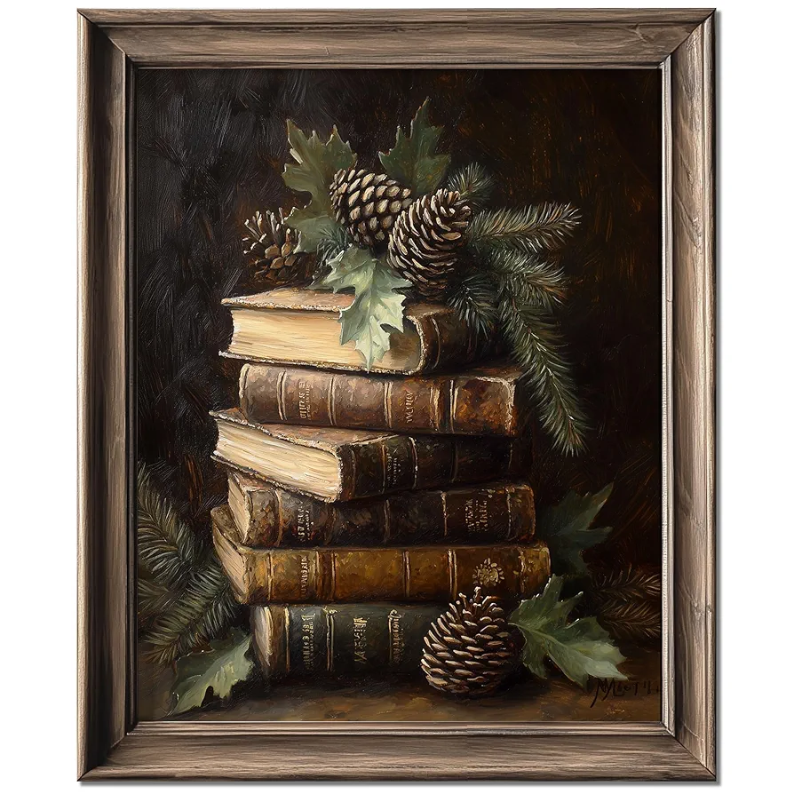 Vintage Christmas Decor Rustic Christmas Wall Art Book Art Still Life Print Winter Print Pinecone Inspired Dark Academia Decor Holiday Decor (11 X 14 INCH Print Unframed)