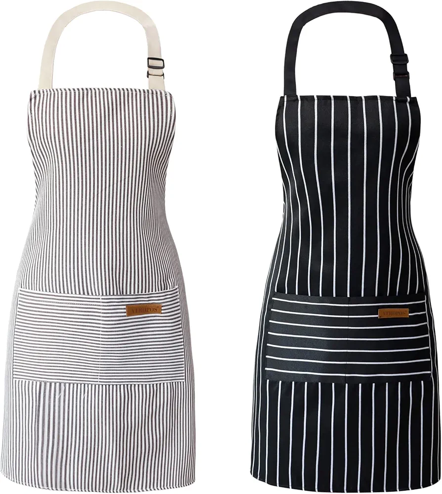 ATROPOS 2 Pieces Adjustable Bib Apron with 2 Pockets Chef Cooking Kitchen Aprons for Women Men