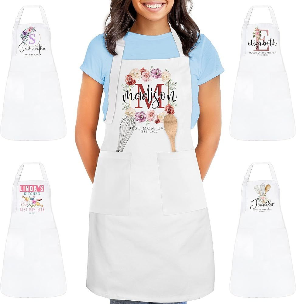 Personalized White Kitchen Apron Gifts for Women - 9 Cute Designs w/Name Text - Custom Bbq Grilling Cooking Aprons for Chef w/Pocket - Customized Floral Kitchen Apron Gift for Girl - Barbecue Apron C1