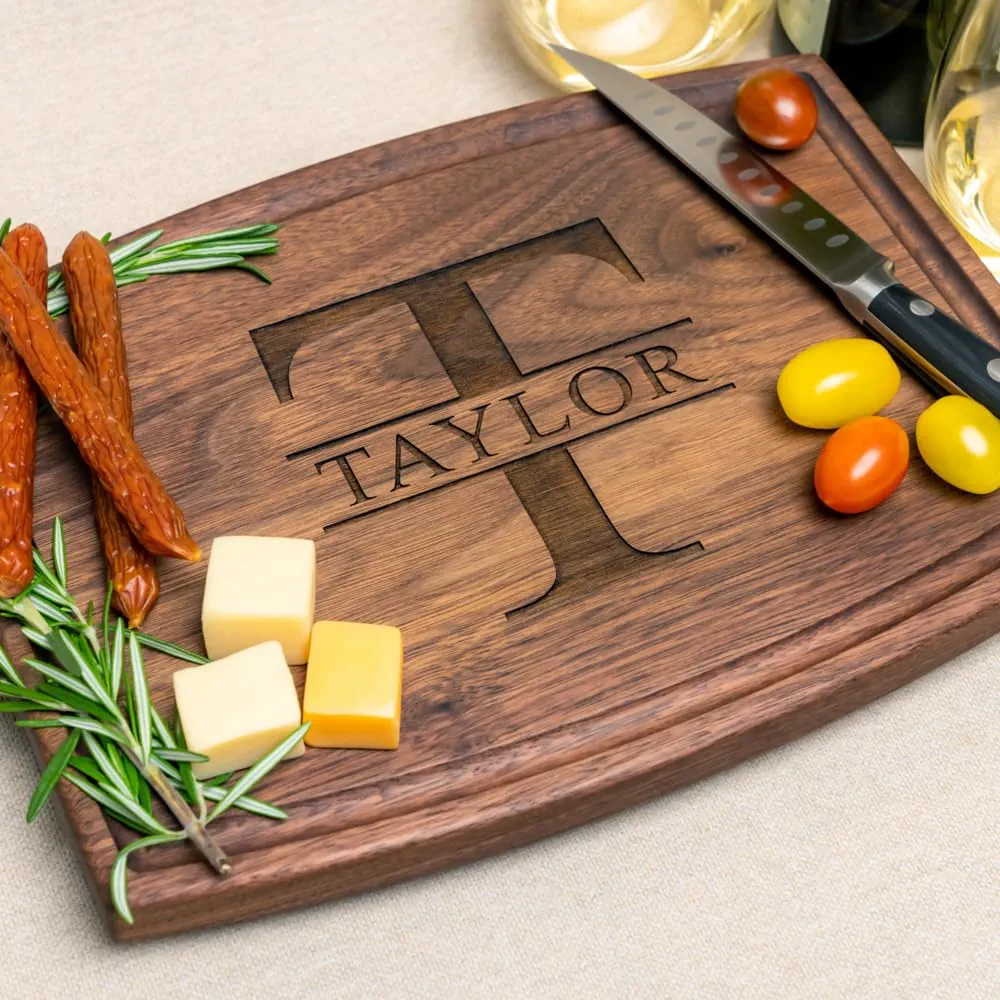Walnut Artisan Personalized Cutting Boards, Custom Anniversary or Housewarming Gift Idea, Mother's Day personalized gift, Wood Engraved Charcuterie Board for Couples and Newlyweds, Initial Design 050