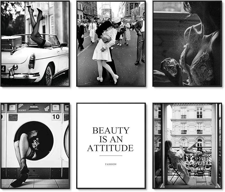 HoozGee Black and White Wall Art Prints Set of 6 Vintage Fashion Wall Decor Perfume Beauty Girl Pictures Square Kiss Art Poster Set for Living Room Home Decor (11"x14" UNFRAMED)