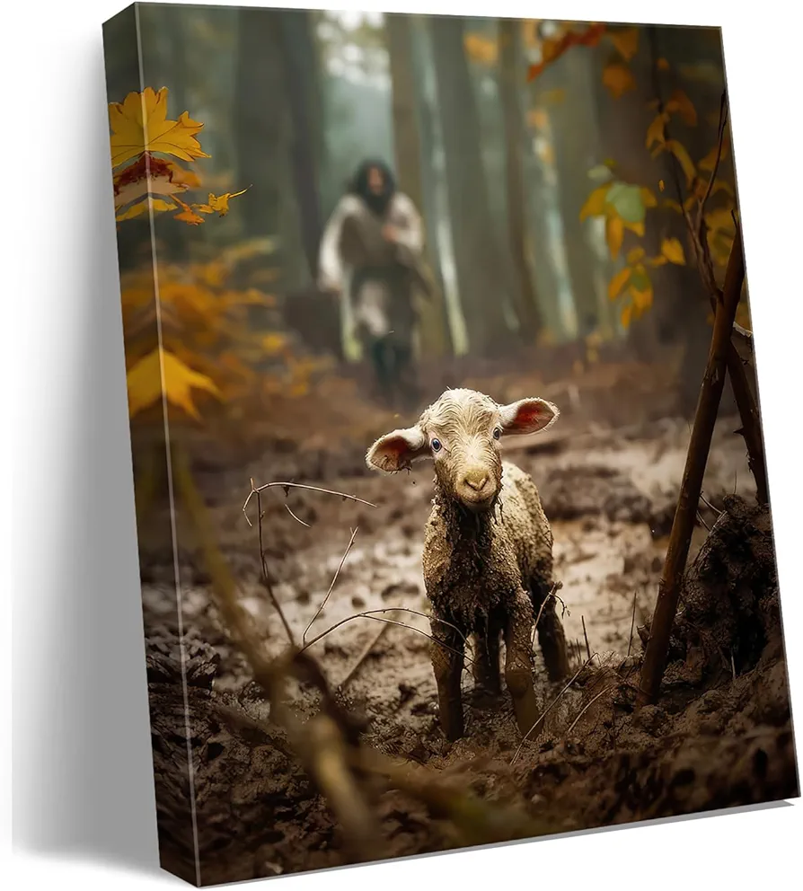 Jesus wall art decor Christian wall art,Jesus and Lamb Canvas Wall Art Jesus Running After Lost Lamb Picture Wall Art Canvas Print Christian Lamb of God Home Decor Jesus Saves the Lamb a lost lamb