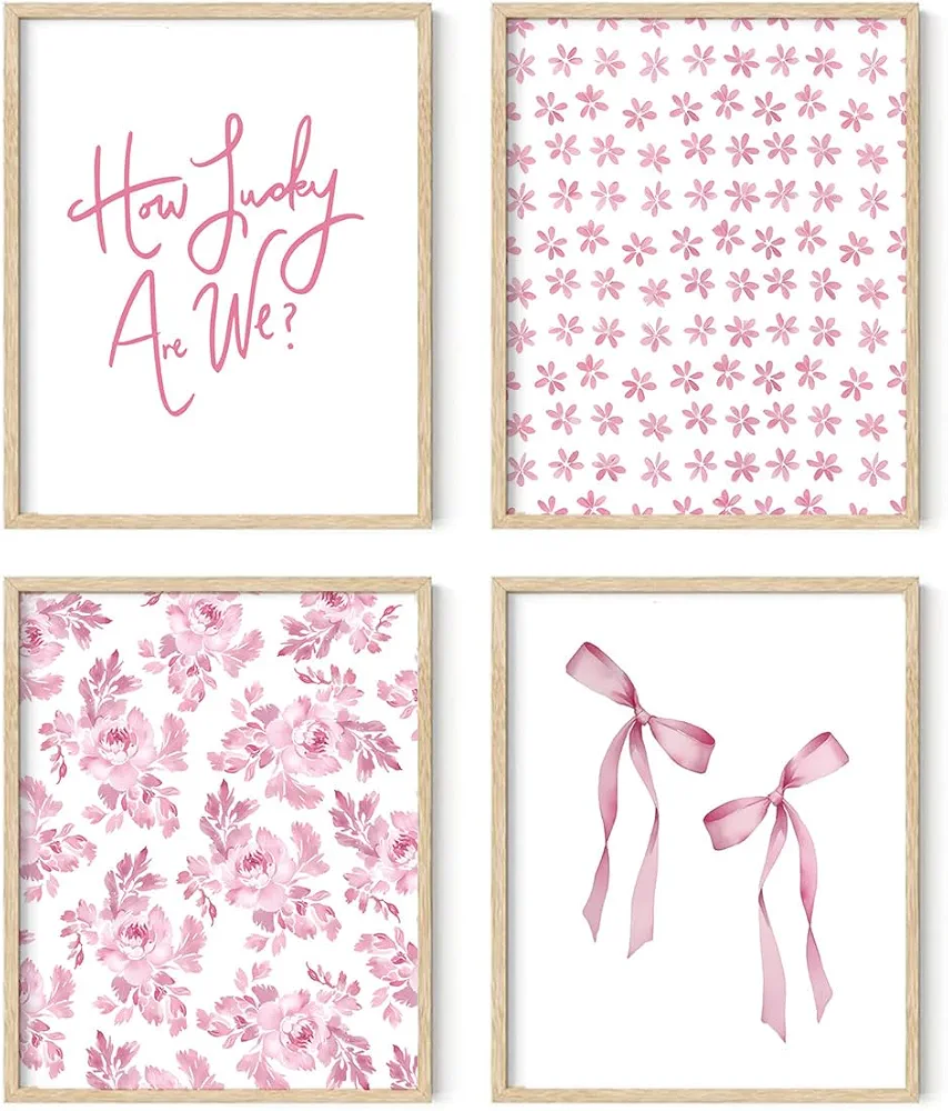 XYDEG Pink Bow Room Decor, Coquette Room Decor Preppy Wall Art Prints Set of 4,Pink Room Decor Aesthetic, Pink Girly Posters for Girly Bedroom Dorm Apartment Decor, 8x10 Inch Unframed