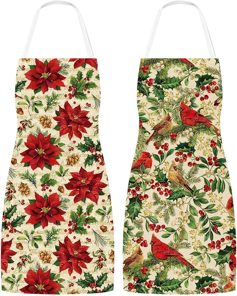Whaline Christmas Aprons Poinsettia Flower Cardinal Bird Adjustable Kitchen Cooking Aprons for Xmas Holiday Home Party Supplies, Set of 2