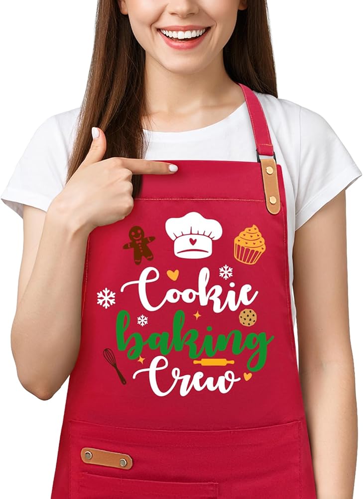 Christmas Baking Apron for Women Men with 2 Pockets, Adjustable Kitchen Cooking Aprons, Cute Funny Xmas Aprons Gifts for Bakers Mom Wife Husband, Cookies Baking Crew