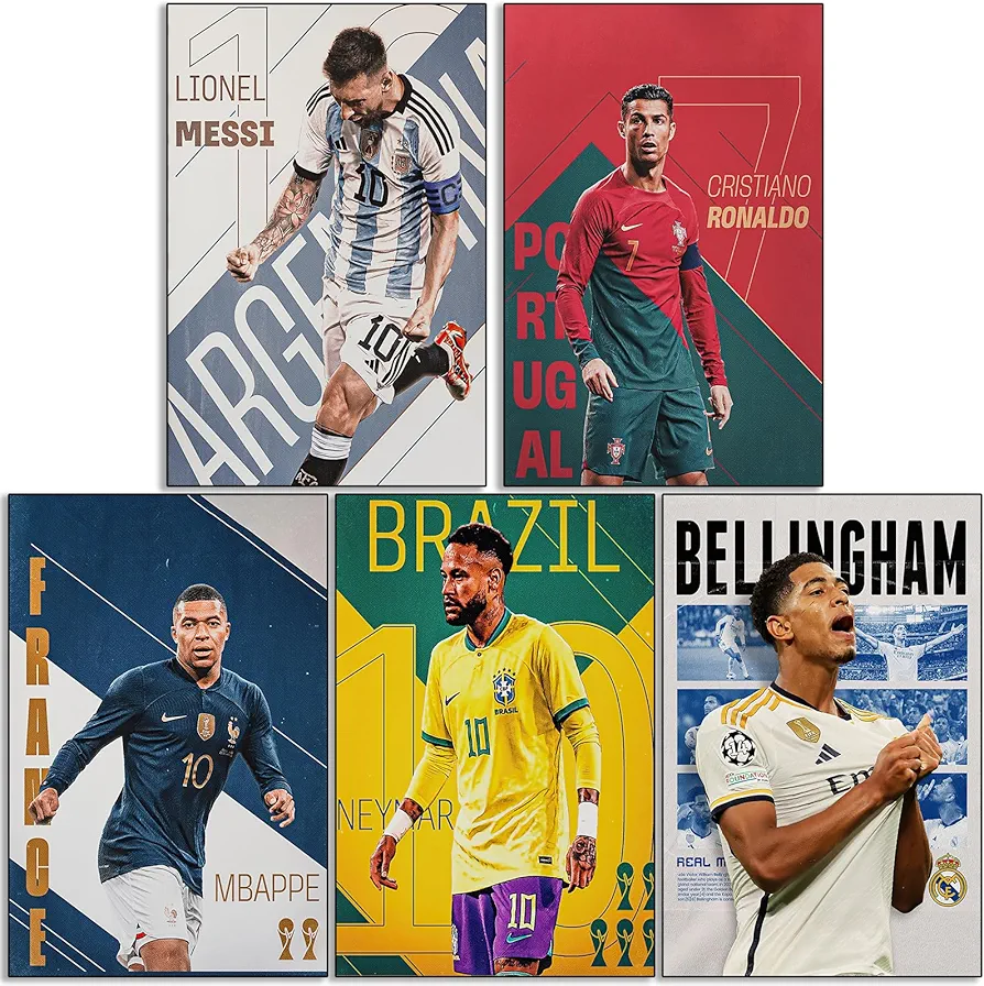 Messi, Ronaldo, Mbappe, Neymar, Bellingham Posters Soccer Canvas Art Poster Wall Art Print Set of 5 Gifts for Boys Living Room Bedroom Decor Unframed: 8x12inch(20x30cm)