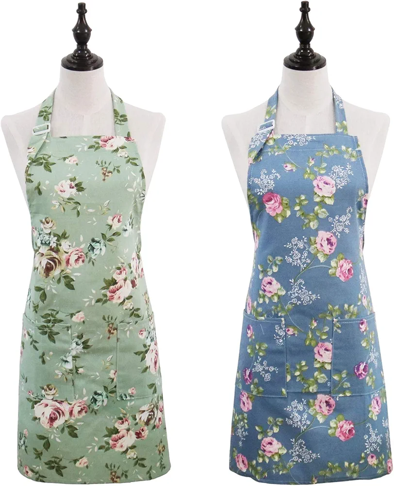 Floral Aprons for Women, 2 Pack Kitchen Aprons with Pockets for Cooking Baking, Gardening Apron Gifts for Gardeners, Birthday Housewarming Christmas Thanksgiving Gift for Mom Wife Sister Aunt Grandma