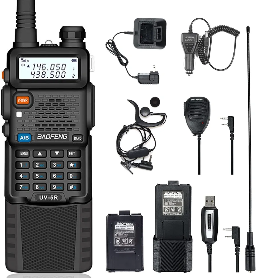Baofeng UV-5R Ham Radio Handheld Two Way Radios Dual Band Walkie Talkies with Rechargeable 3800mAh Battery, High Gain Antenna, Car Charger Adapter, Mic, Earpiece, Programming Cable, Black
