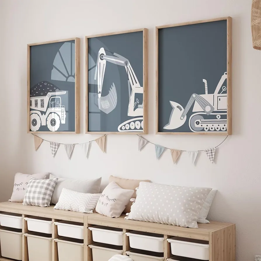 Construction Truck Wall Art Decor Toddler Boys Room Canvas Posters Tractor Vehicle Wall Art Nursery Pictures Prints Dump Truck Wall Art Kids Playroom Artwork for Bedroom 16x24 Inch Unframed Set of 3
