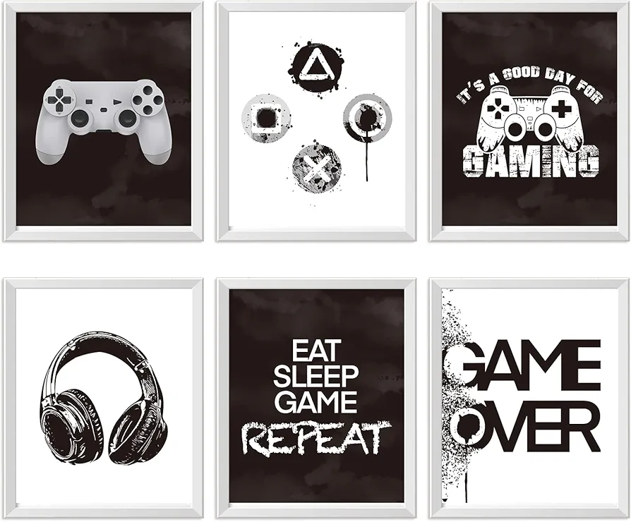 AnyDesign 6Pcs Retro Video Games Posters Vintage Black White Game Theme Wall Art Prints Gamepad Headphone Prints Gamer Poster for Boys Gaming Room Bedroom Decoration, 8 x 10 Inch, Unframed