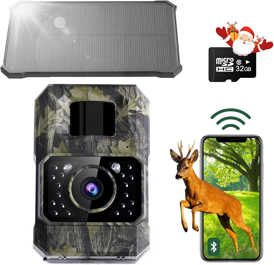 Solar Trail Camera 48MP 30FPS, WiFi Bluetooth Game Camera with Motion Activated 0.2s Trigger, Night Vision Motion Activated IP66 Waterproof for Wildlife Scouting with 32GB Micro SD Card