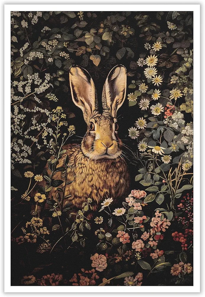 Vintage Rabbit Poster William Morris Wall Art Print Retro Mid Century Country Animal Dark Academia Decor Canvas Prints Painting Cottagecore Gothic Posters for Office Bedroom Living Room 8x12inch Unframed