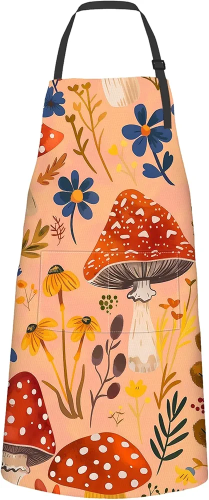 Colorful Mushroom Apron for Adult,Oxford Fabric Cooking Kitchen Adjustable Waterproof Heat Insulation Aprons with 2 Pockets,Ideal Gift for BBQ,Baking,Gardening Chef,Coffee House,Shop,27x31in