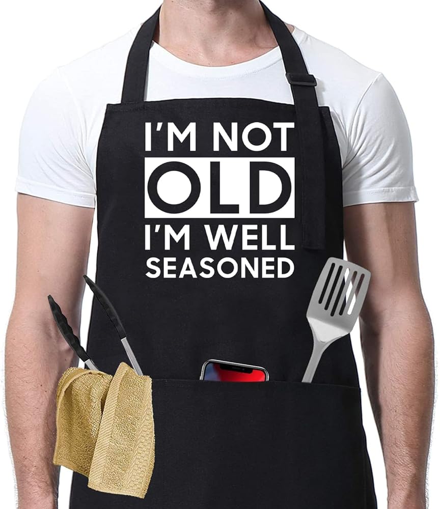 Funny Cooking Apron For Men, Father's Day Gift, I'm Not Old I'm Well Seasoned Apron, Bbq Grilling Apron, Cooking Apron With Pockets And Adjustable Neck Strap, Kitchen Cooking Apron, 8