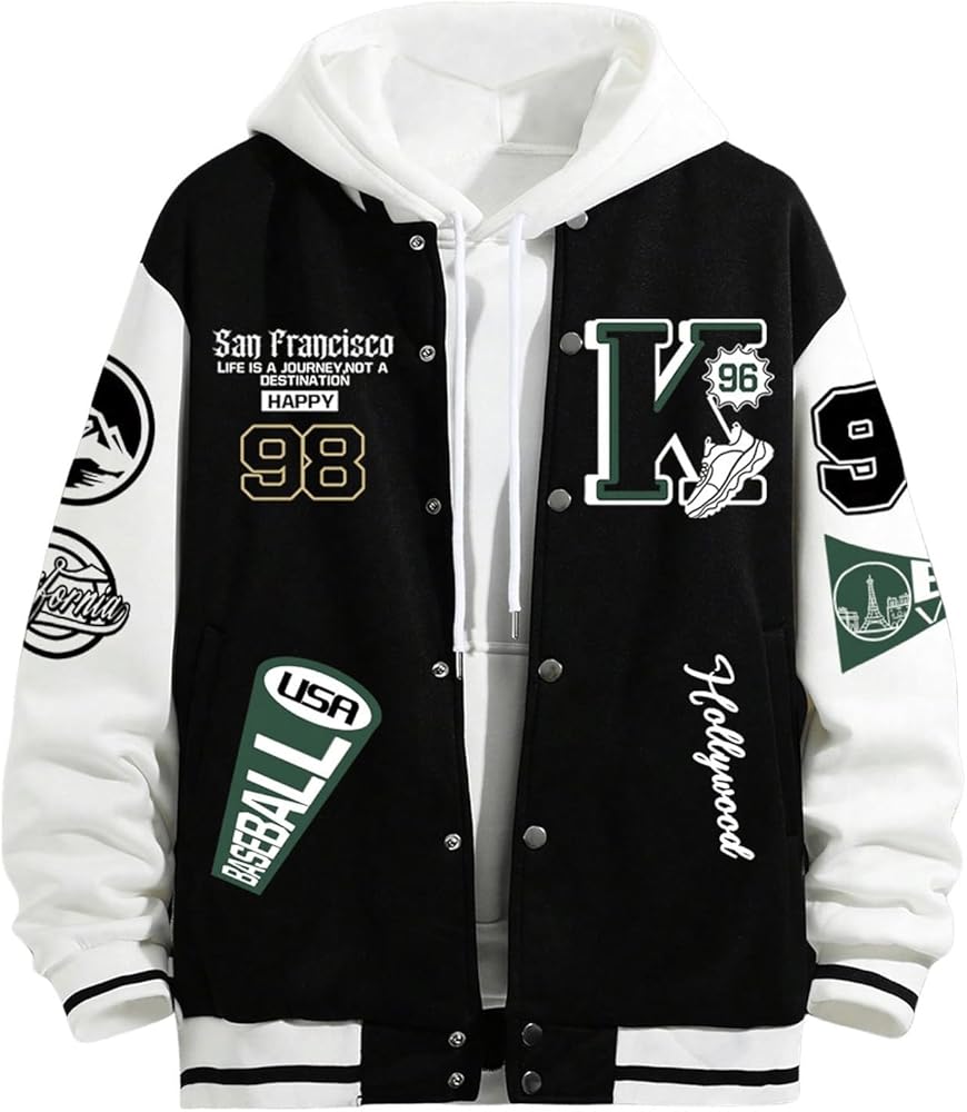 GORGLITTER Men's Letter Graphic Color Block Baseball Jacket Button Front Long Sleeve Bomber Jackets