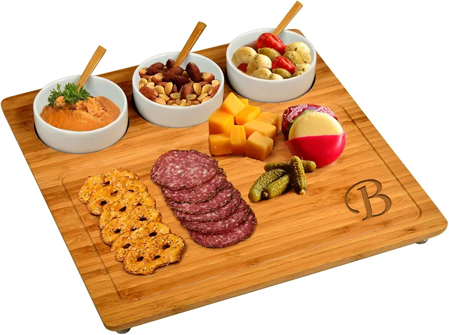 Picnic at Ascot Original Personalized Monogrammed Engraved Bamboo Cutting Board for Cheese & Charcuterie with 3 Ceramic Bowls & Bamboo Spoons- Designed & Quality Checked in the USA