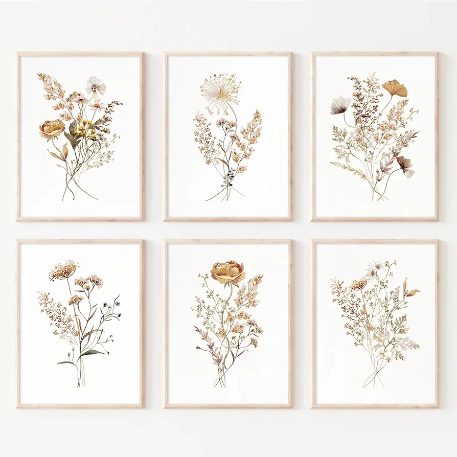 Watercolor Flower Wall Art Set of 6 Botanical Wildflower Wall Decor Boho Neutral Canvas Wall Art Vintage Prints Floral Pictures Minimalist Farmhouse Poster for Room Bedroom 8x10 Inch Unframed